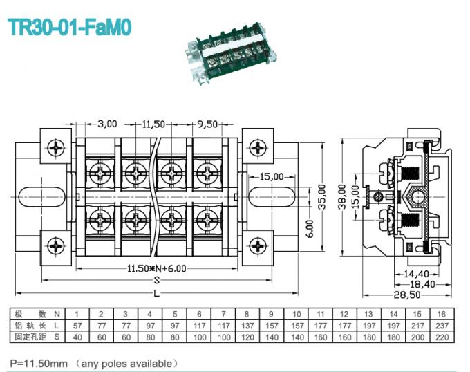 PCB Panel Mount Terminal Block 11.50mm 600V 30A PC Black Screw Terminal
