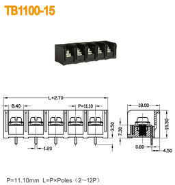 Blok Terminal Daya Penghalang 20A Hitam Dengan 2-12 Tiang Kuningan PBT 11mm Pitch