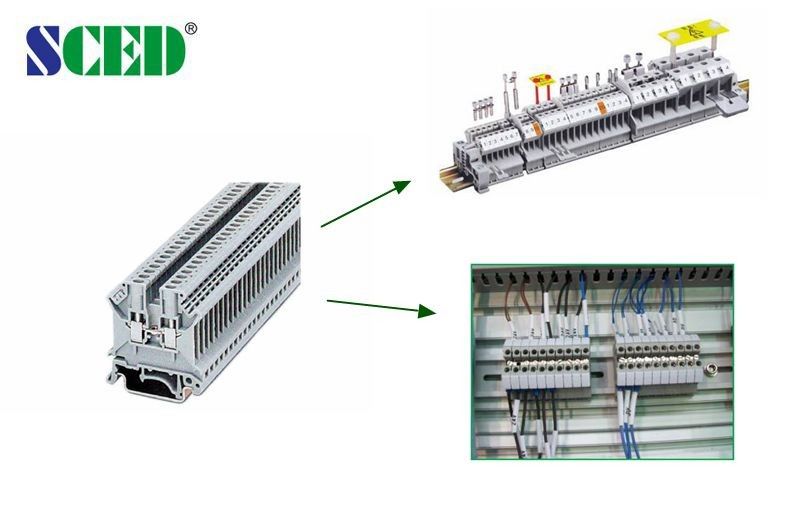 Inlet Kawat Sudut Kanan 600V 50A Rail Mounted Terminal Blok Lebar 8.2mm