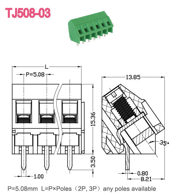 Blok Kabel Blok Screw Hijau berlapis Kuningan UL94 V - 0 10A 300V