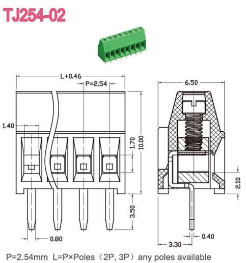 Blok Terminal PCB 2.54mm Kuningan Hijau Kanan Angle Wire Inlet
