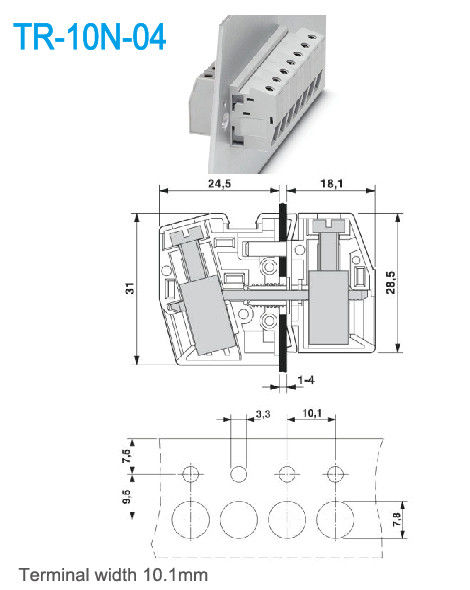 10.1mm lebar terminal melalui panel terminal blok Kuningan UL94 V0 65A 300V 2P-24P