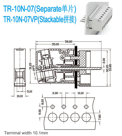 UL94-V0 Kuningan 300V 65A Umpan Melalui Blok Terminal Lebar M4 PA66 10.1mm