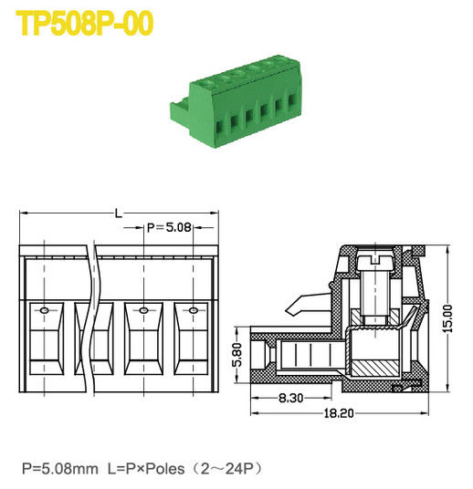 300V / 18A Bagian Perempuan Terminal Listrik Blok M3 Screw Pitch 5.08mm
