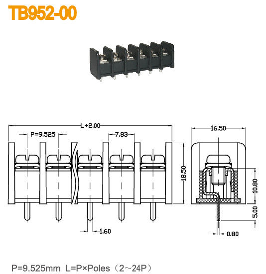 UL94-V0 Kuningan Hitam Blok Terminal PCB 20A / 300V M4 Sekrup 9.525mm Pitch