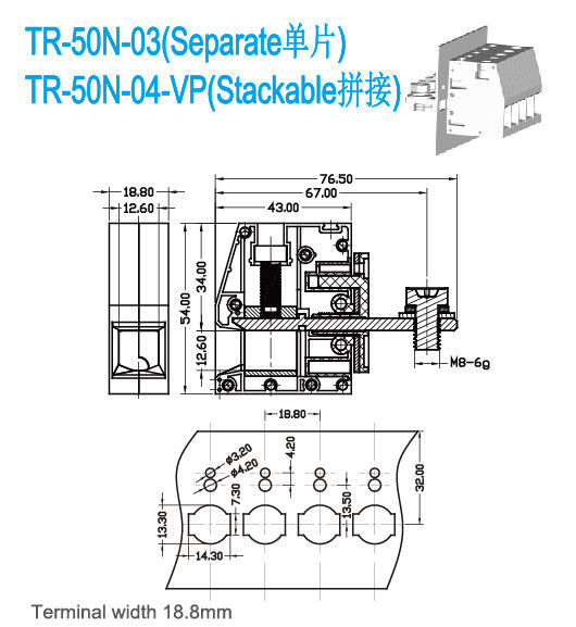 M6 Screw 150A Umpan Melalui Blok Terminal 600V 6-1 / 0 AWG Lebar 18.8mm
