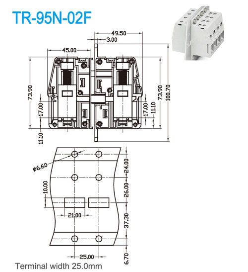 Blok Terminal Kabel UL CE PA66 Lebar Terminal 600V / 230A 25mm