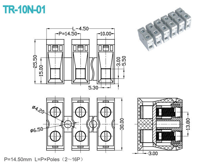 2-16 Poles Pitch 14.5mm Konektor Terminal Blok 600V 65A PA66