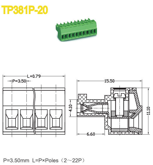 PA66 Female Pluggable Terminal Block Connector 3.5mm Pitch 300V 8A 2-22 Tiang
