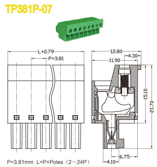 3.81mm Pitch Plug In Terminal Block Bagian Wanita 300V 10A Warna Hijau