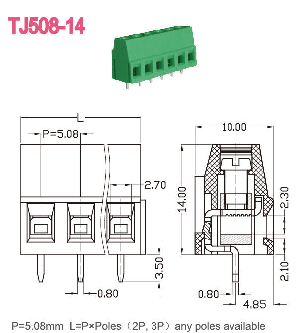 5.08mm Pitch PCB Screw Terminal Block 300V 10A M3 2-24 Tiang Warna Hijau