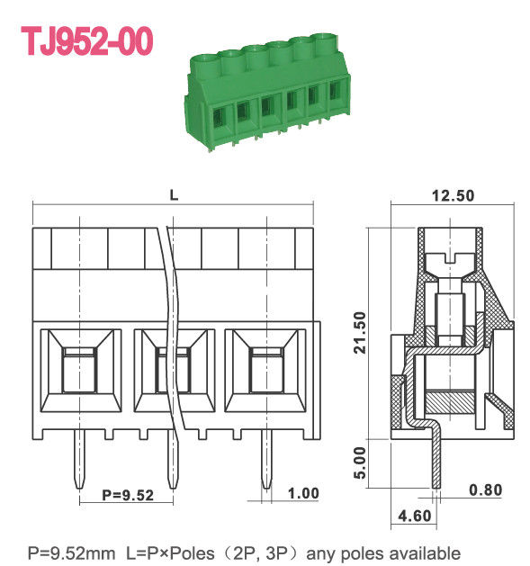 Warna Hijau Sekrup M3 9.52mm Blok Terminal PCB 300V 30A 2-16 Tiang