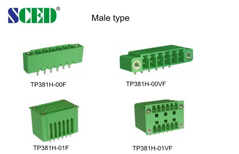 Blok Terminal Pluggable Pria Warna Hijau Sudut Kanan 300V 18A 7.62mm
