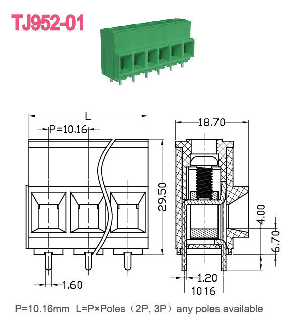 57A PCB Screw Terminal Block 10,16mm Pitch Euro Raising Series 2-16 Pole UL Data Teknis