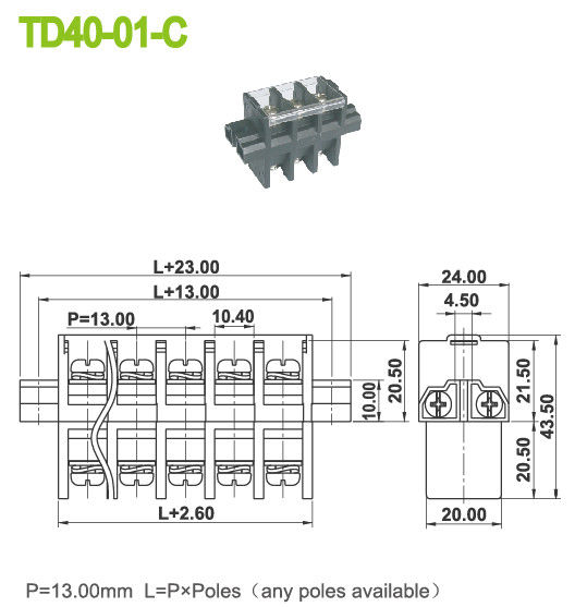 40A Panel Mount Power Terminal Block Connector Perforasi Pitch 13mm M5 Screw