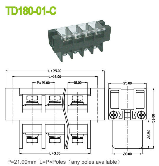21mm Perforasi 180A Panel Mount Feed Melalui Blok Terminal Dengan Penutup Plastik