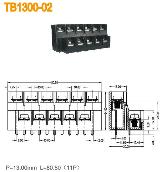2 Baris Penghalang Terminal Blok Tipe Amerika 600V/40A 11 Kutub 13mm Pitch Brass