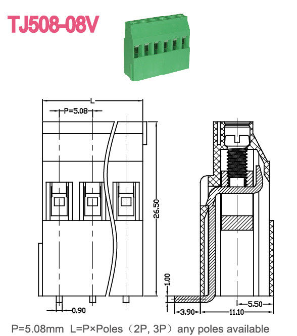 300V 15A Hijau 5,08mm Pitch Brass Euro Type PCB Screw Terminal Block