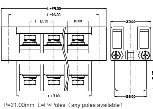 Pakan Melalui 180A Panel Mount Terminal Block Perforasi 21mm Dengan Penutup Plastik
