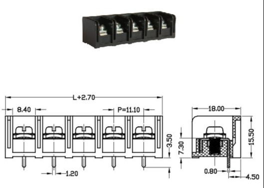 Blok Terminal Daya Penghalang 20A Hitam Dengan 2-12 Tiang Brass PBT 11mm Pitch