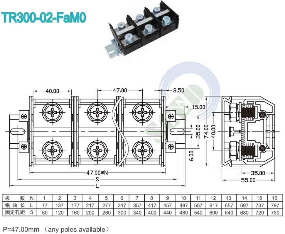 PCB Panel Mount Terminal Block 47.00mm 600V 300A PC Konektor Terminal Sekrup Hitam