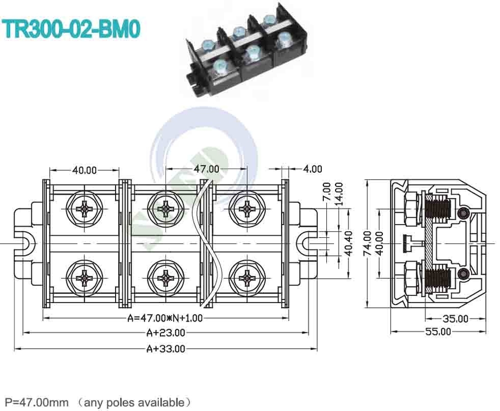 300A Rail Termianl Blok 47.0mm 600V Hitam PC Material Sekrup Mount Konektor