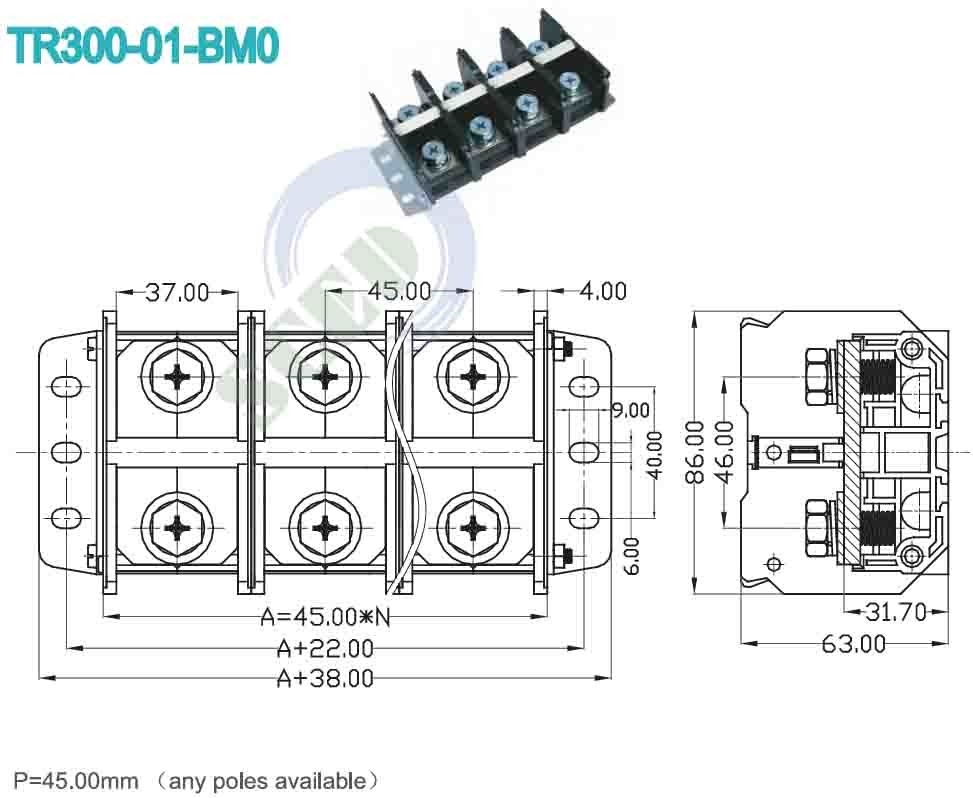 600V 300A High Current Terminal Block Heavy Voltage 45.00mm Konektor Terminal Listrik