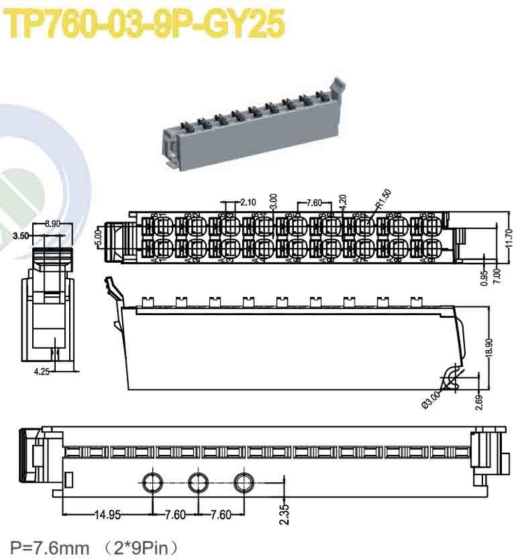 Konektor Blok Terminal Wanita 7.6mm Pitch 150V 8A 2*9 Pole PA66