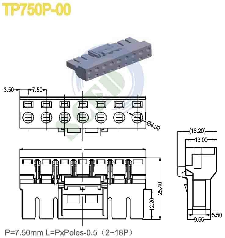 PA66 Plastic Grey Pluggable Terminal Block Connector 7.5mm Pitch 300V 16A 2-18 tiang