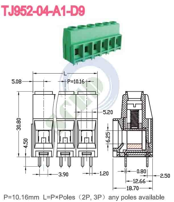 10.16mm 57A Blok Terminal PCB Kuningan Hijau PA66 Nikel Plated