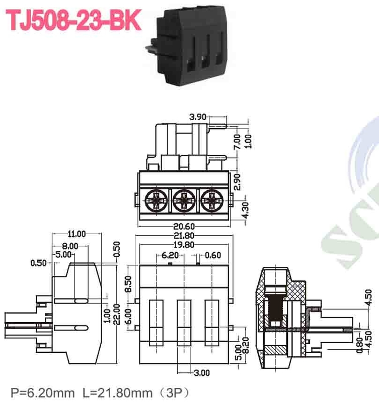 300V 10A M3 sekrup terminal blok konektor 12 24 AWG PBT 6.2mm Spacing Kuningan