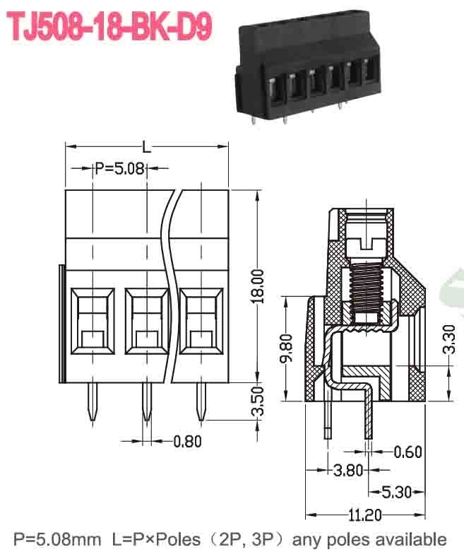 Kuningan PA66 PCB Terminal Block 5.08mm 300V 10A untuk Konversi Frekuensi