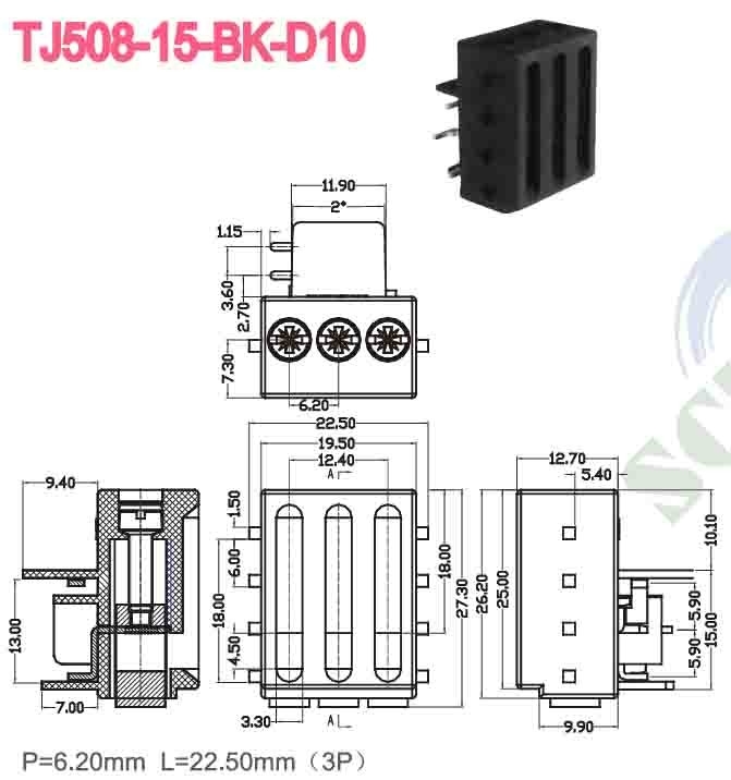300V 15A 6.2mm Terminal Block Connector untuk PCB dengan Sekrup M3 dan Tin Plated