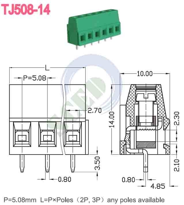 Hijau 5.08mm 300V 10A PA66 PCB Terminal Block Euro Tipe Untuk Kontrol Otomatis