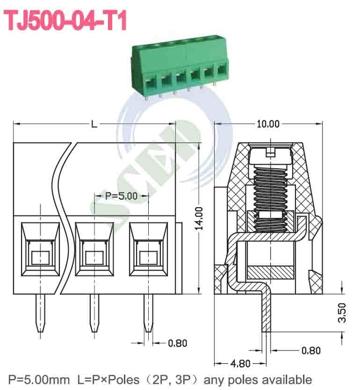 300V 10A M3 Sekrup 12-26 AWG Konektor Blok Terminal PA66 Bahan Isolasi Hijau 5.08mm Jarak