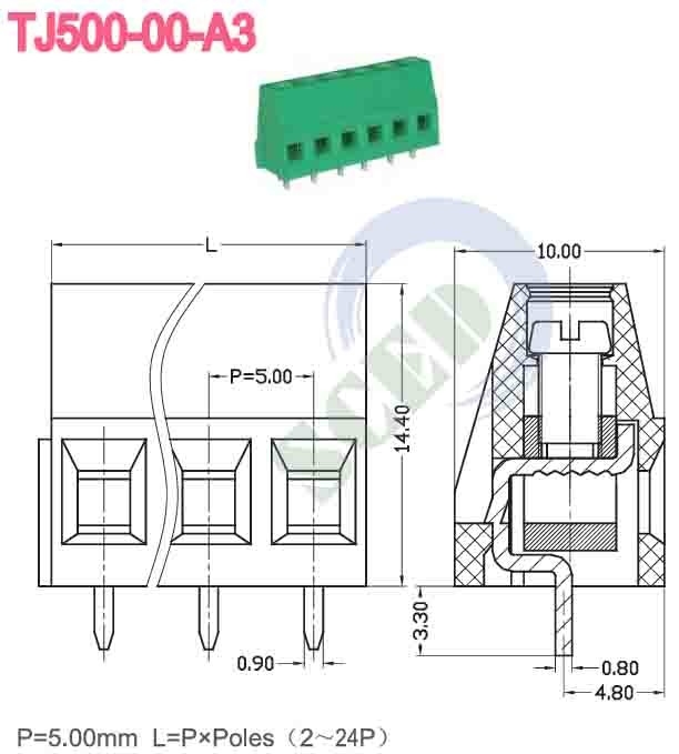 Pitch 5.00mm 300v PCB Terminal Blok 10A 2P-24P kanan sudut kabel Inlet 12-26 AWG