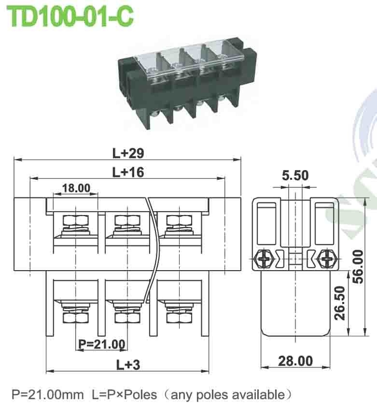 101A 21.0mm PBT Perforasi 600V Feed Melalui Terminal Block Dengan Penutup Plastik