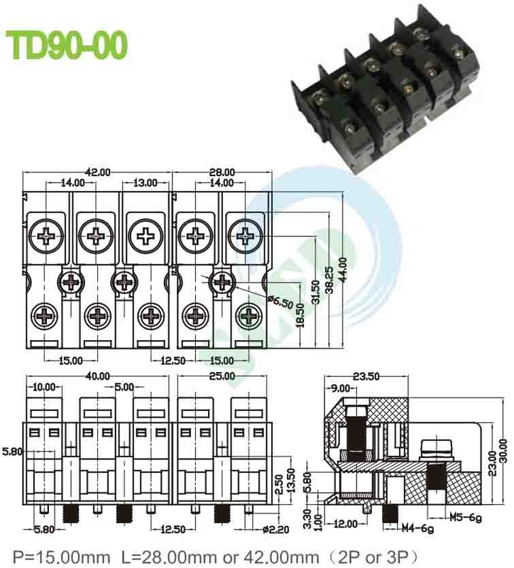 Masukan melalui 90A 600V PA66 M5 Blok Terminal Pengeboran 15.00mm 4-20 AWG