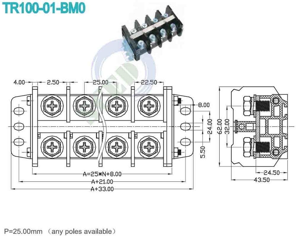 Polyamide Housing Material High Current Terminal Block 150A 2P-28P untuk aplikasi industri