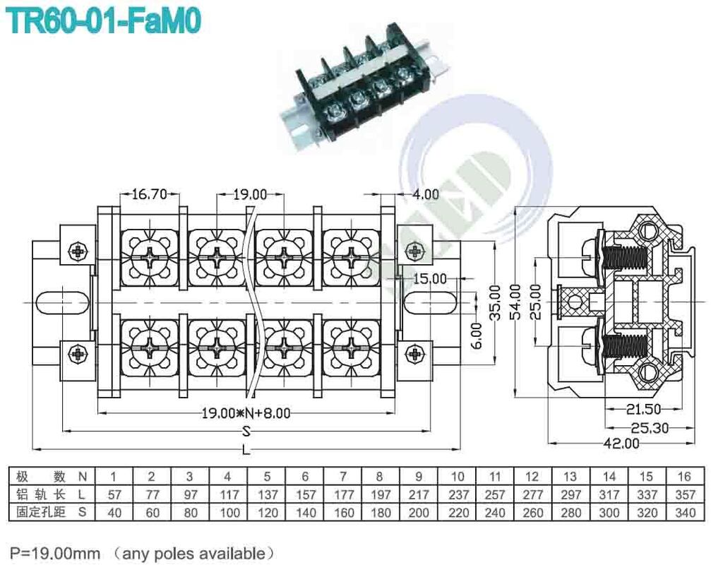 175A Rated Current High Current Terminal Block with Panel Mount and UL 1059 IEC 60947-7-1 Certification for Industrial Power Distribution